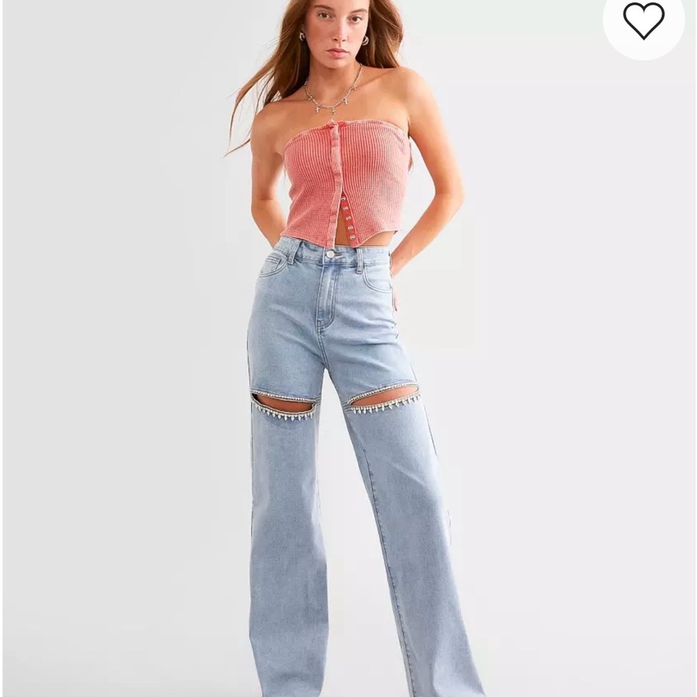 Light Blue High-Rise Wide-Leg Jeans with Knee Cutouts